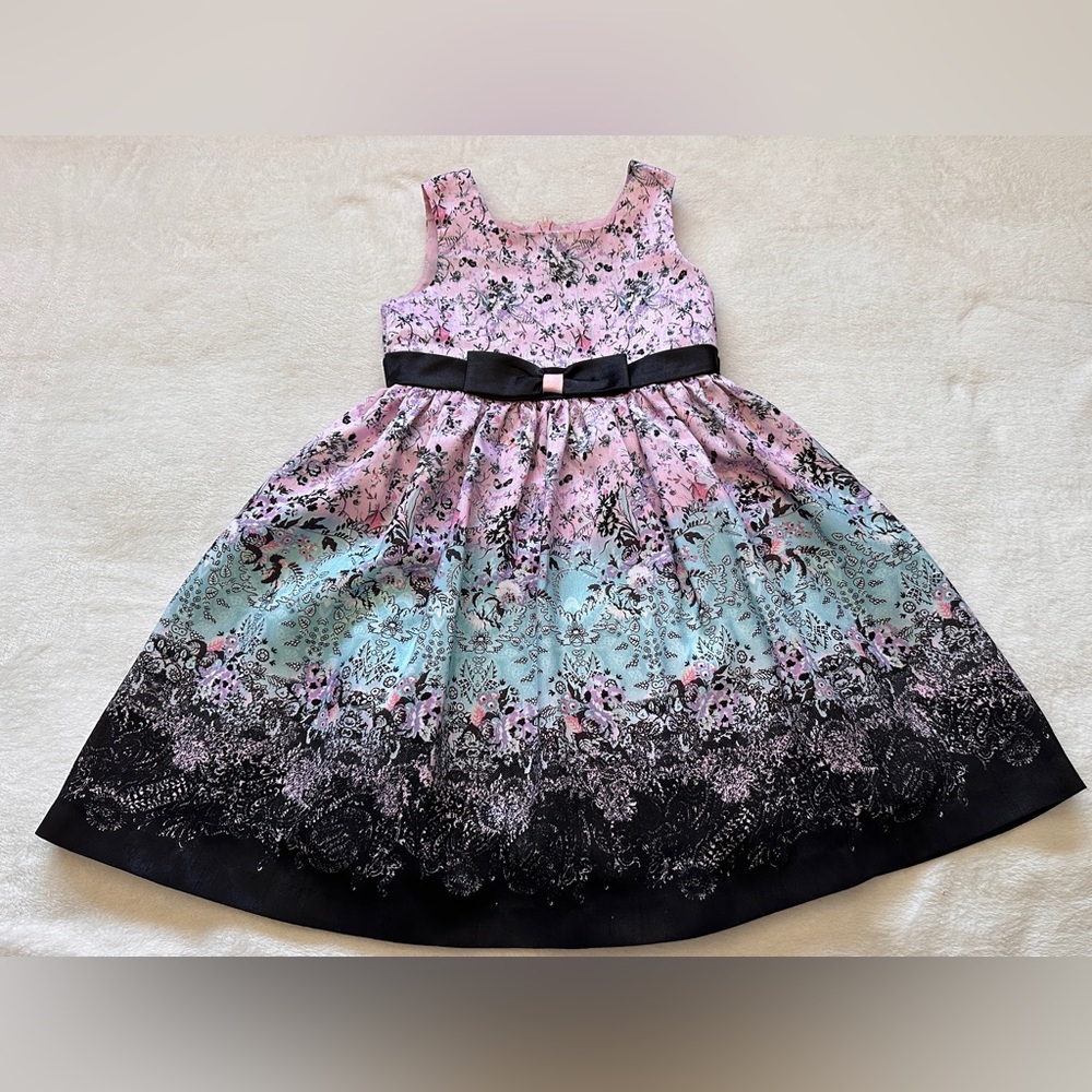Jayne Copeland Kids Floral Fit-and-Flare Dress with Black Bow Size 4